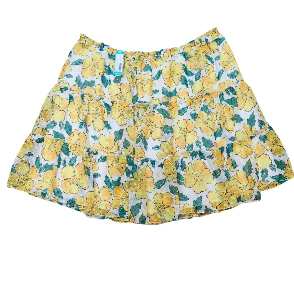 Skies Are Blue Skirt Yellow Floral Clip Dot Tiered Boho Plus Size 3X‎